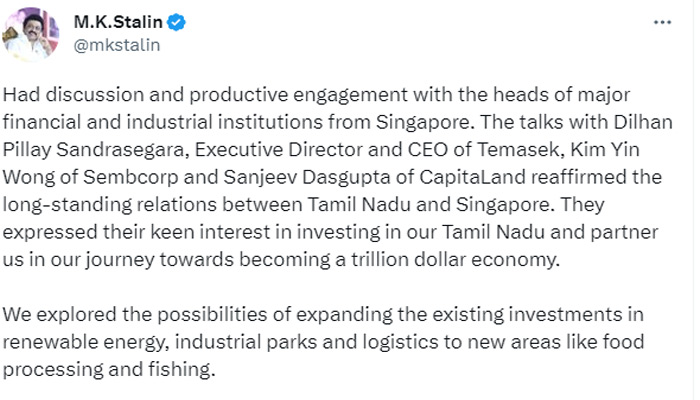தமிழ்நாடு-சிங்கப்பூர் இடையே உள்ள வரலாற்று நல்லுறவை மேலும் கட்டமைப்போம்: முதல்வர் ஸ்டாலின்